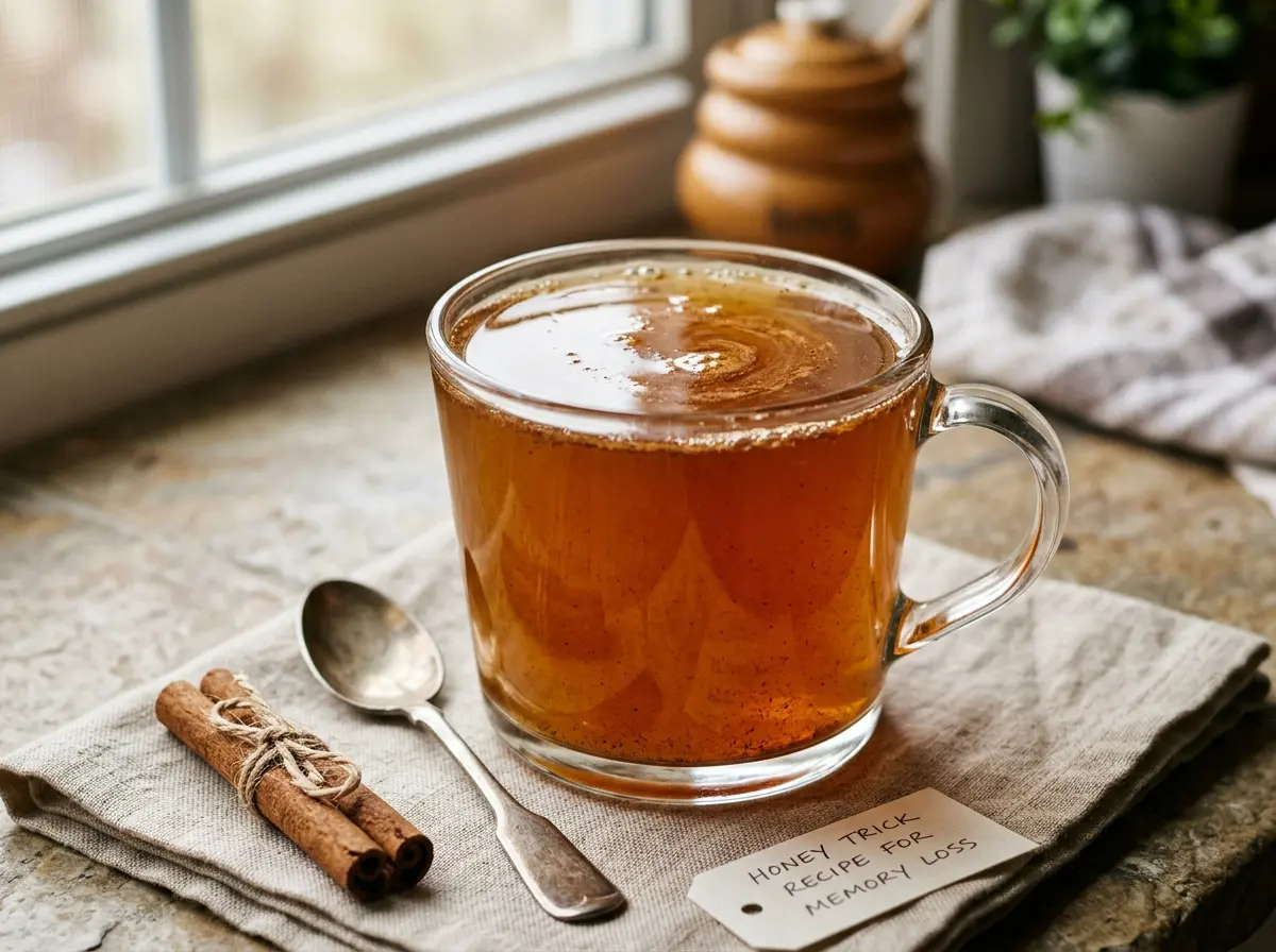 Honey trick recipe for memory loss in a close up glass mug with cinnamon.