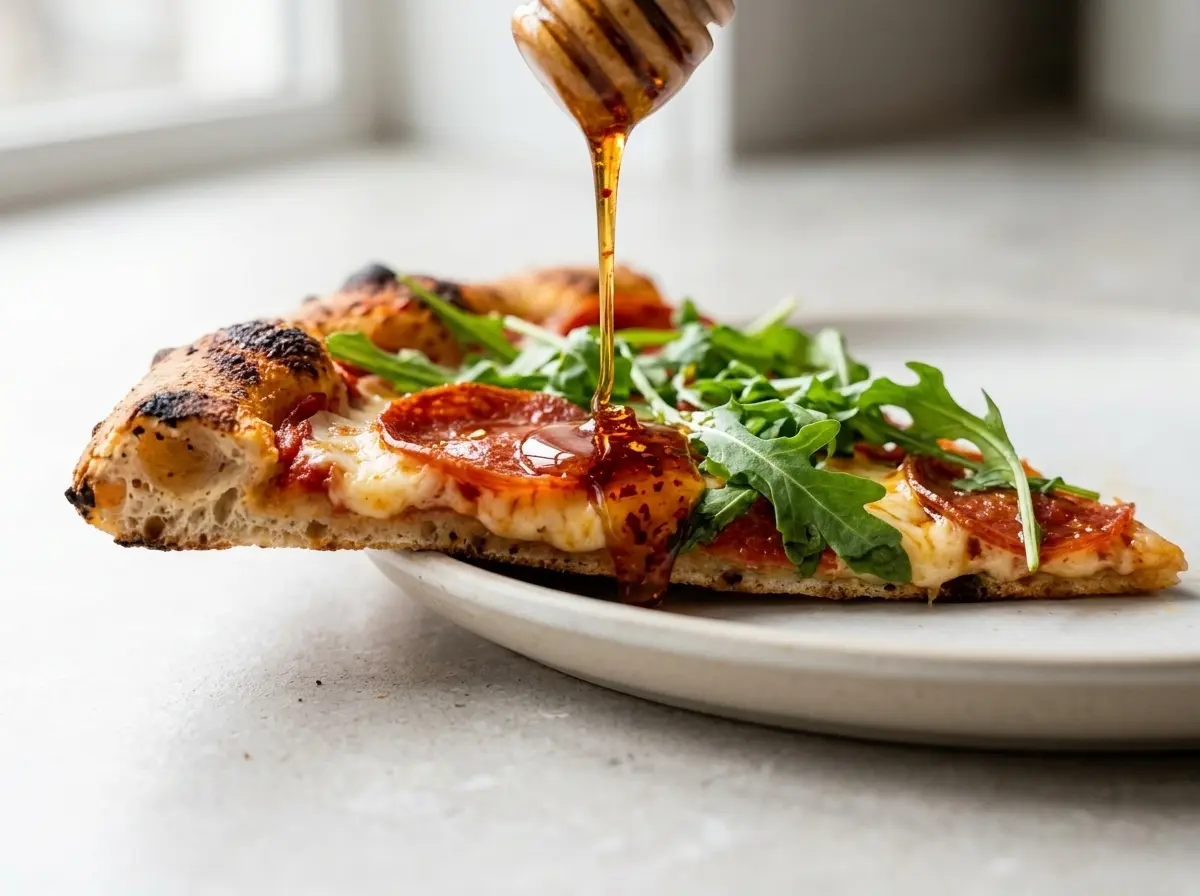 Hot honey pizza with mozzarella, pepperoni, and arugula. Hot honey pizza with mozzarella, pepperoni, and arugula.