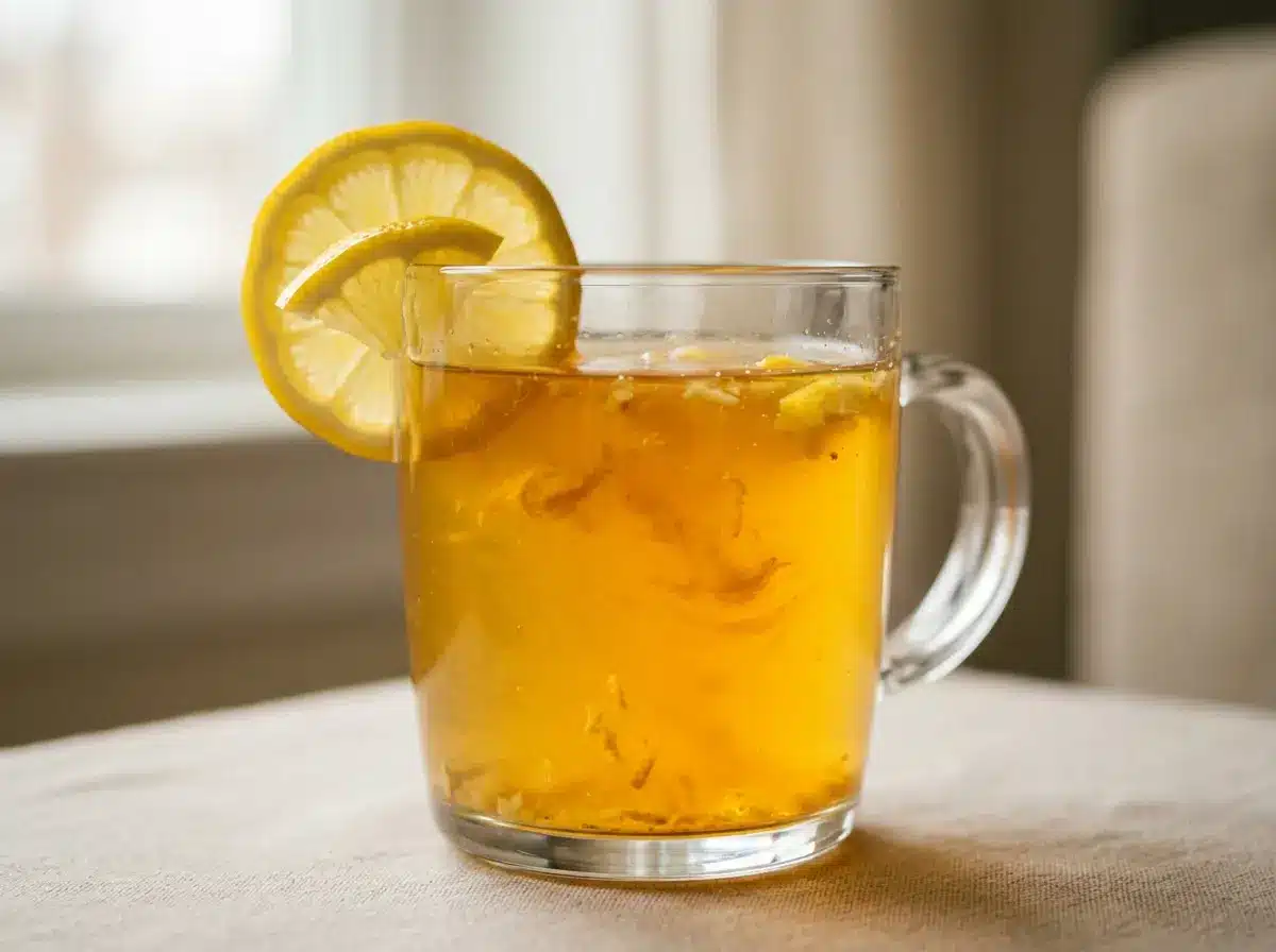 Close up asian honey wellness drink recipe in a clear mug.