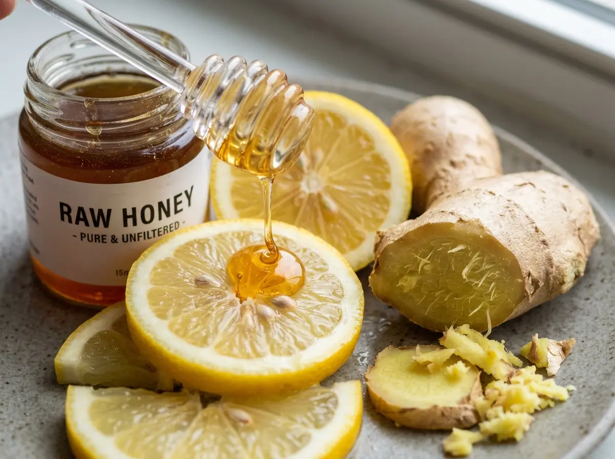 asian-honey-wellness-drink-recipe-03 Raw honey lemon and ginger ingredients for asian honey wellness drink recipe.