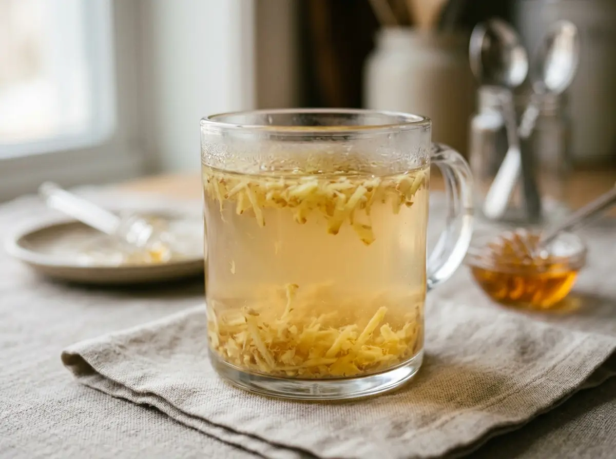 asian-honey-wellness-drink-recipe-04 Ginger steeping in warm water for asian honey wellness drink recipe.
