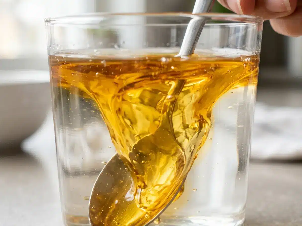 asian-honey-wellness-drink-recipe-05 Honey stirring into warm water for asian honey wellness drink recipe.