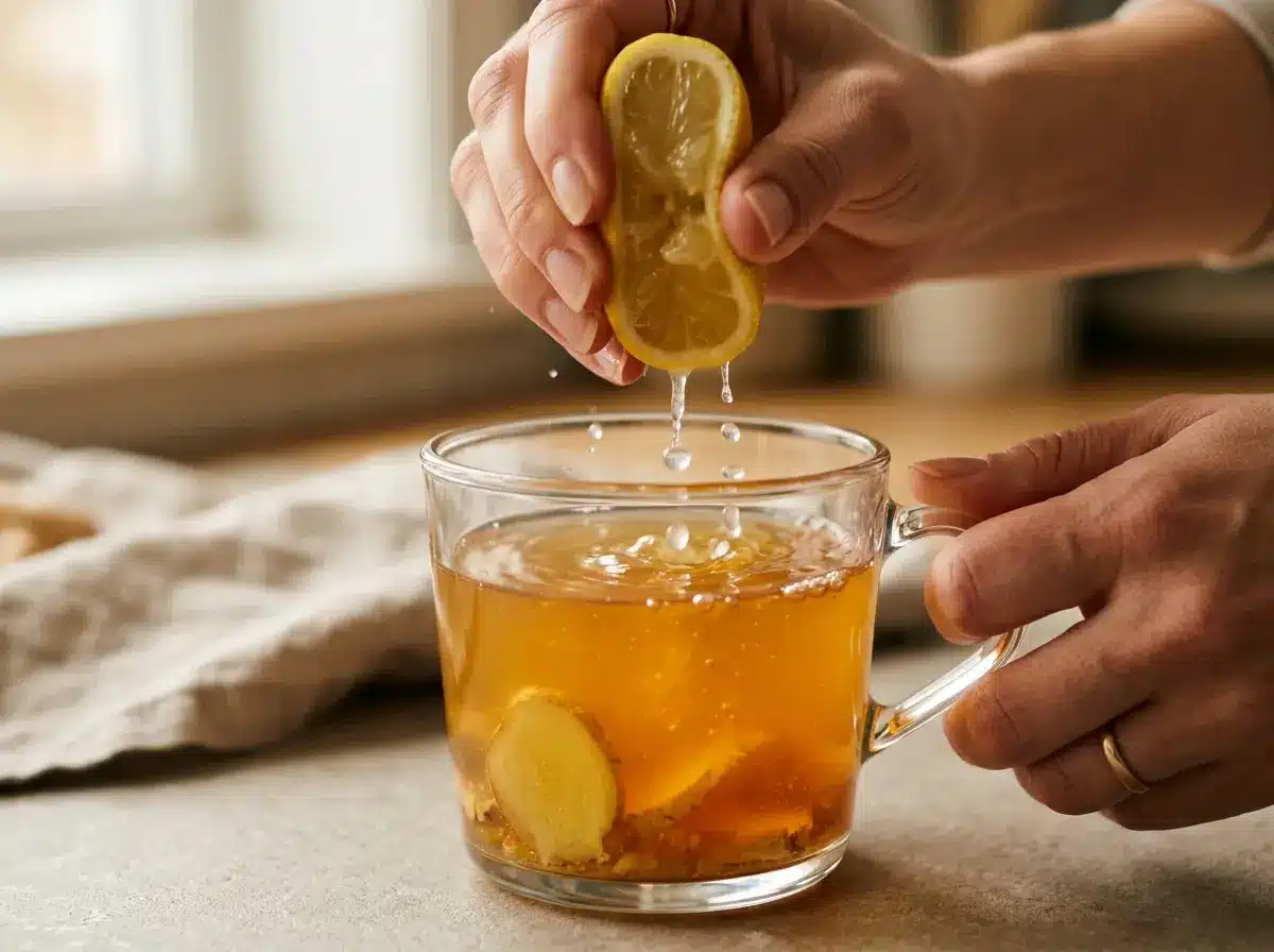 asian-honey-wellness-drink-recipe-06 Lemon juice added to asian honey wellness drink recipe.