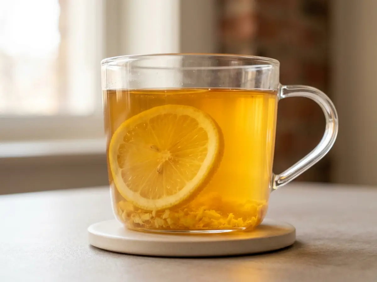 asian-honey-wellness-drink-recipe-08 Honey lemon ginger tea close up for asian honey wellness drink recipe.