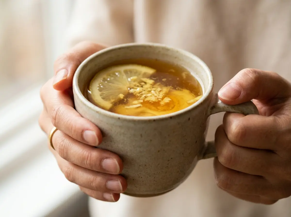 asian-honey-wellness-drink-recipe-09 Hands holding asian honey wellness drink recipe mug.