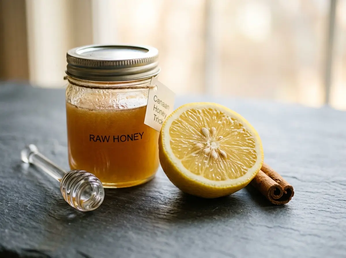 canaan-honey-trick-recipe-03 Raw honey lemon and cinnamon ingredients for canaan honey trick.
