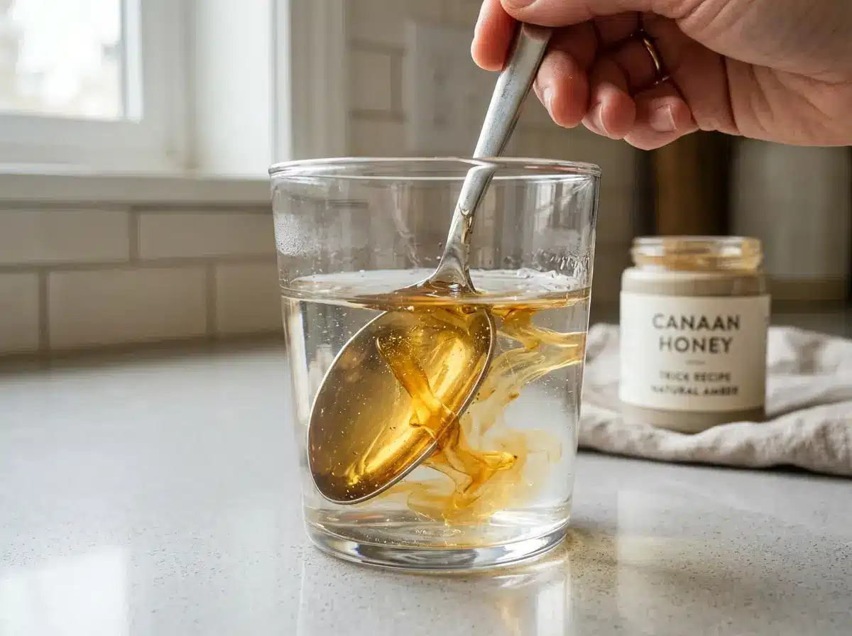 canaan-honey-trick-recipe-04 Honey dissolving in warm water for canaan honey trick.