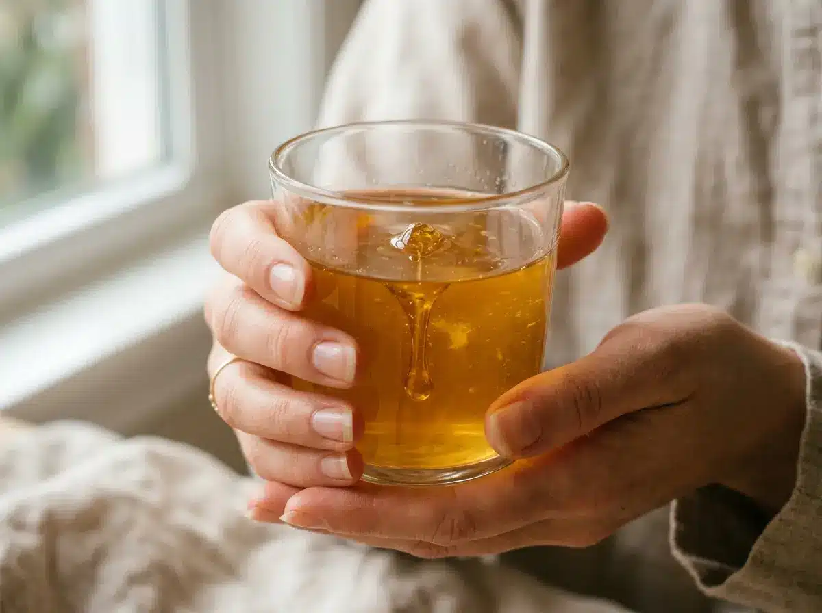 canaan-honey-trick-recipe-07 Hands holding warm canaan honey trick morning drink.