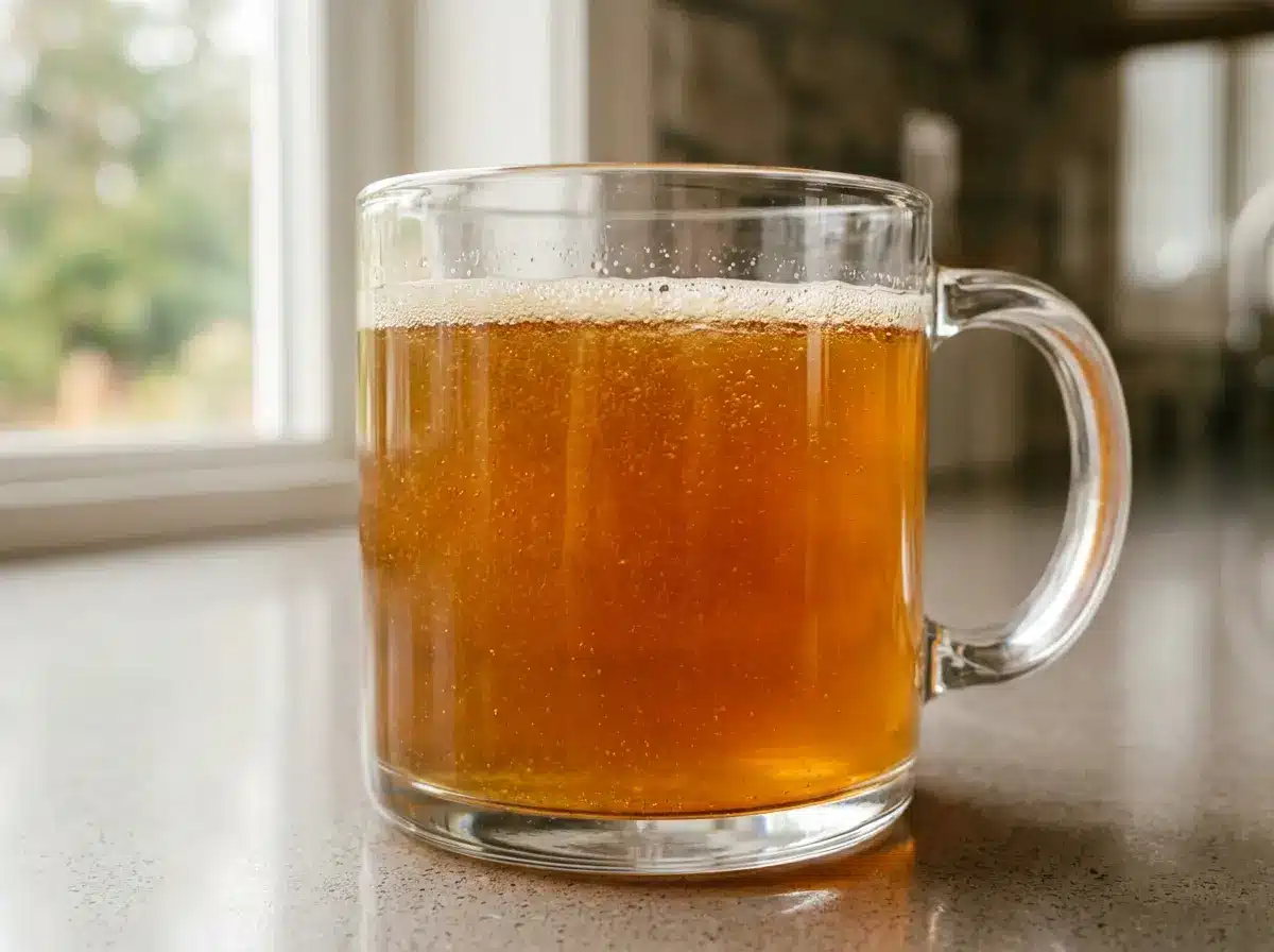 Close up honey and baking soda trick drink in a glass mug.