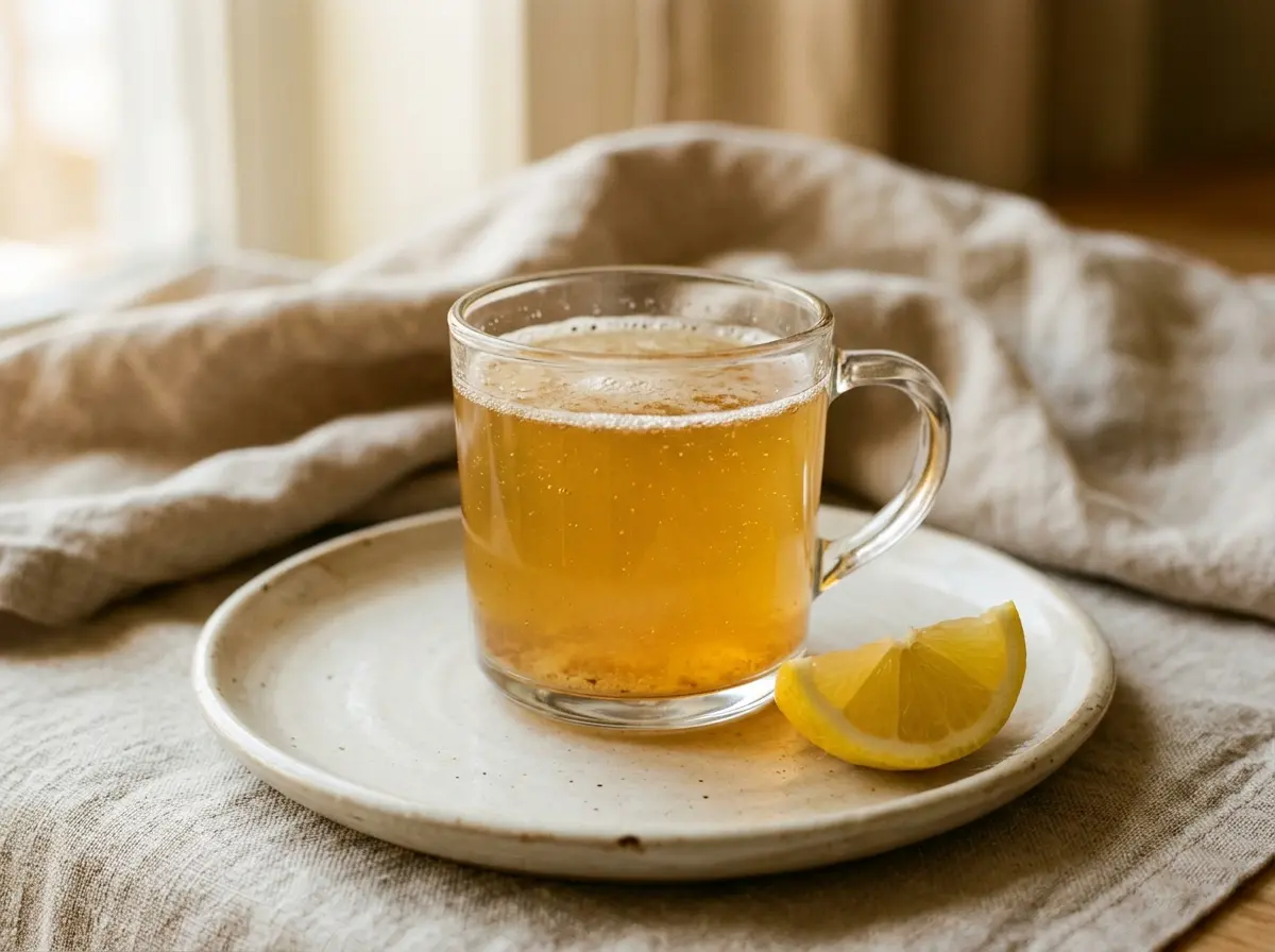 honey-and-baking-soda-trick-04 Finished honey and baking soda trick drink with lemon slice.