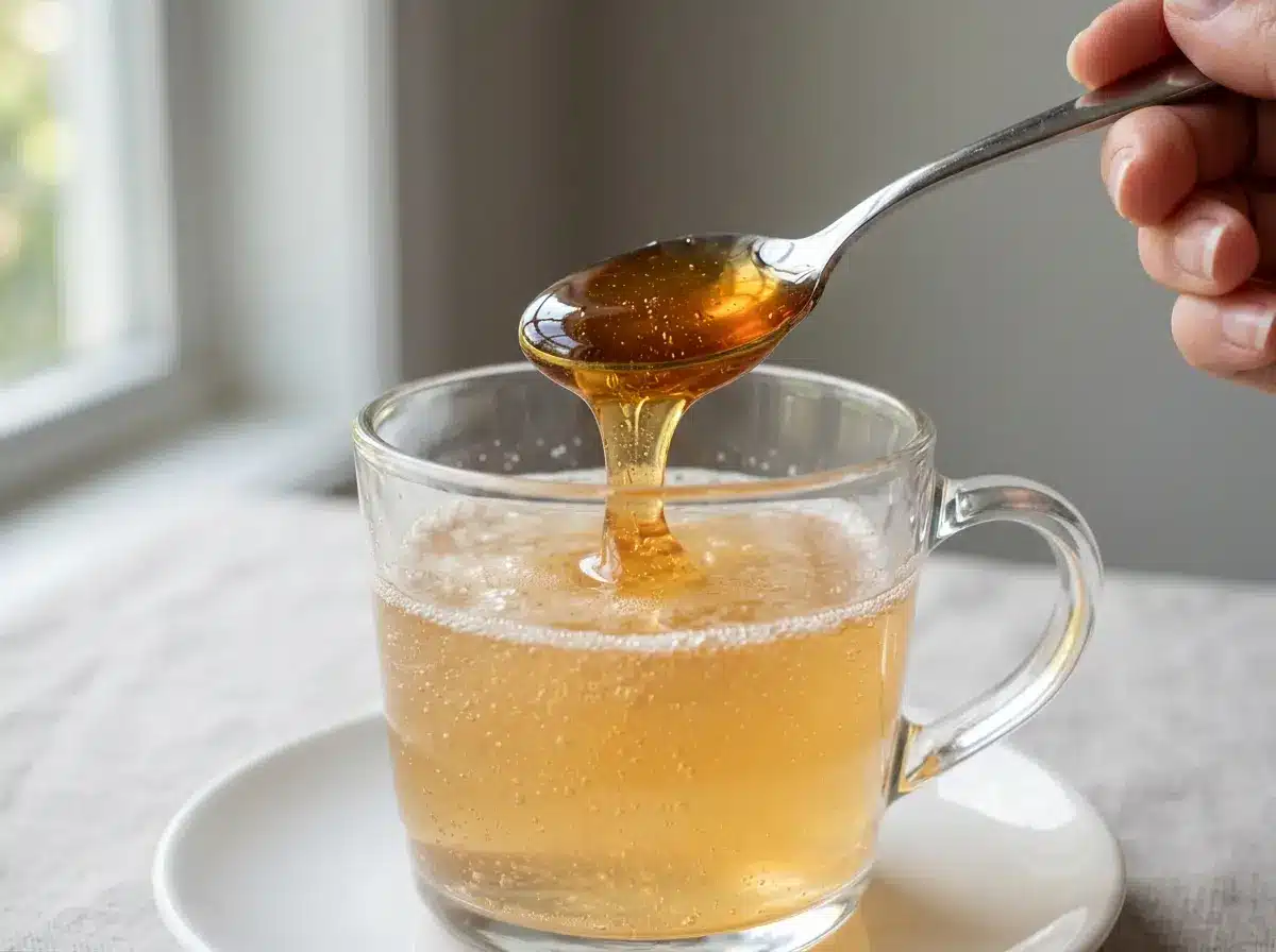 honey-and-baking-soda-trick-06 Spoon of honey above baking soda drink for the trick.