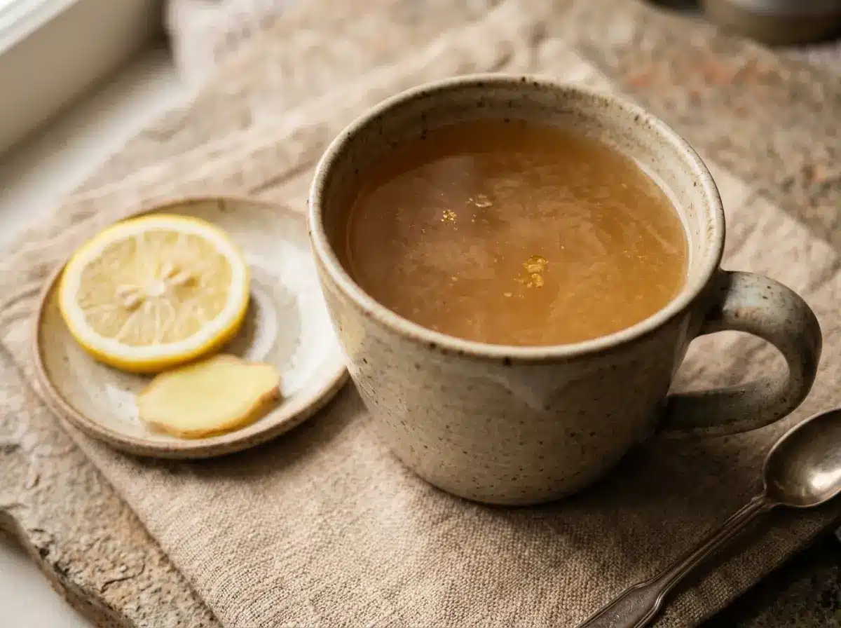 honey-and-baking-soda-trick-07 Cozy close up honey and baking soda trick drink with lemon and ginger.