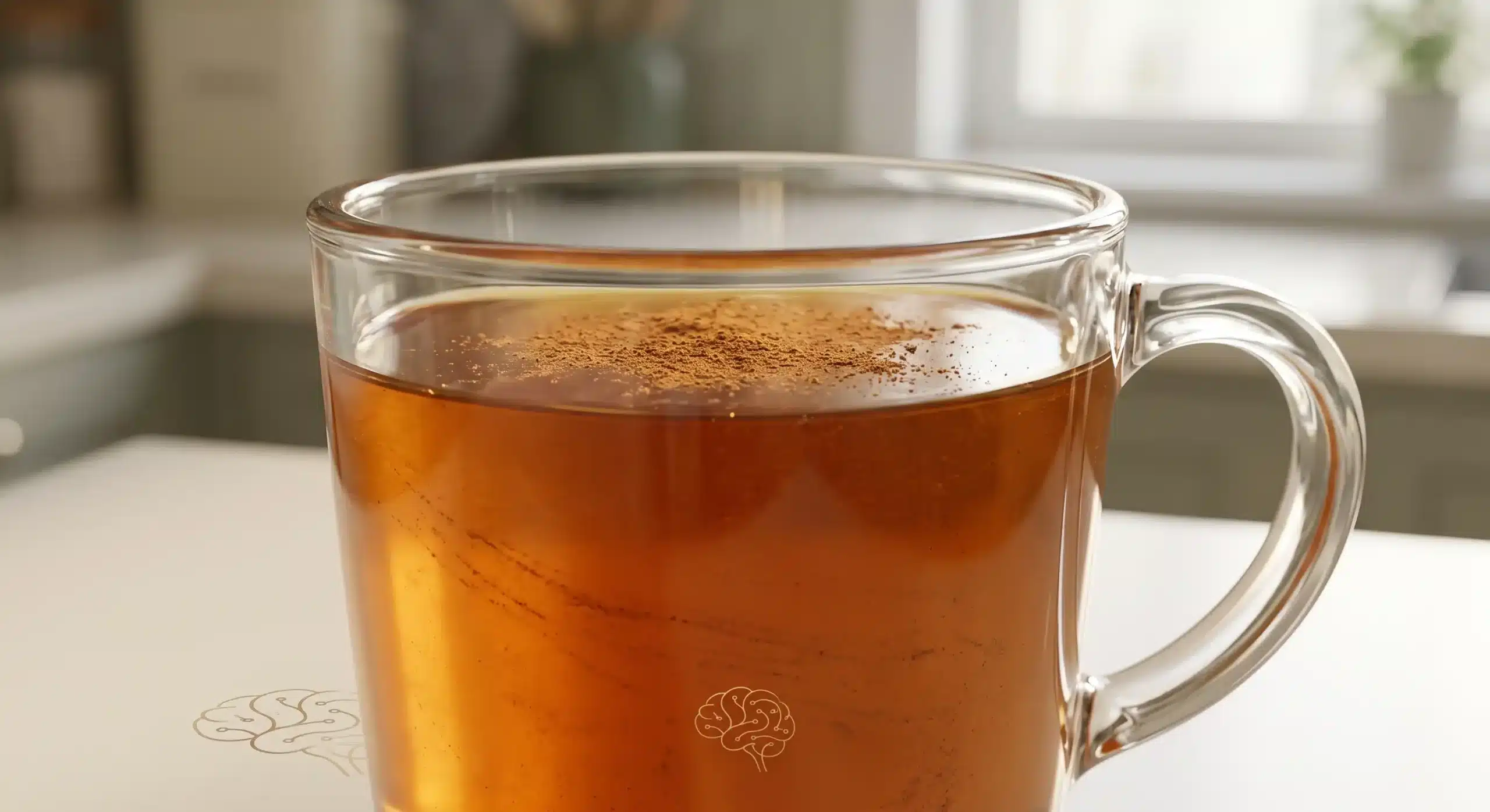 Close up honey and cinnamon for memory drink in a glass mug.