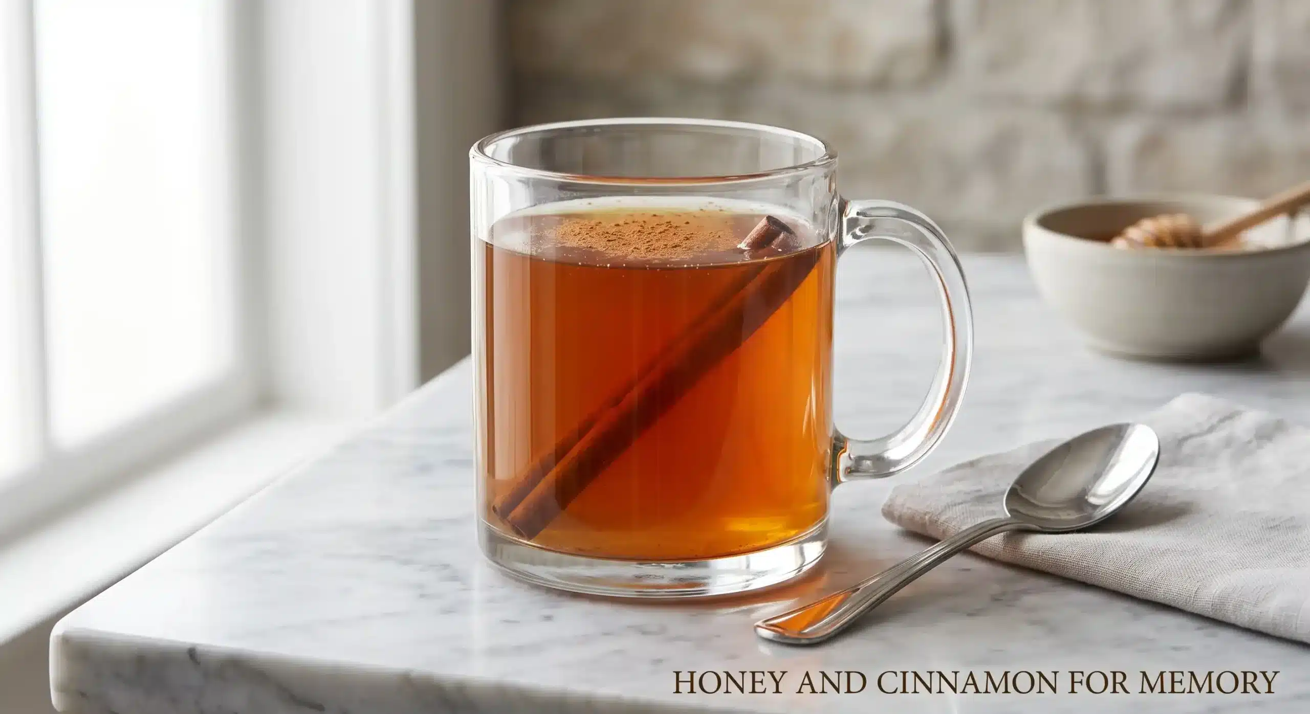  Side view close up of honey and cinnamon for memory drink.