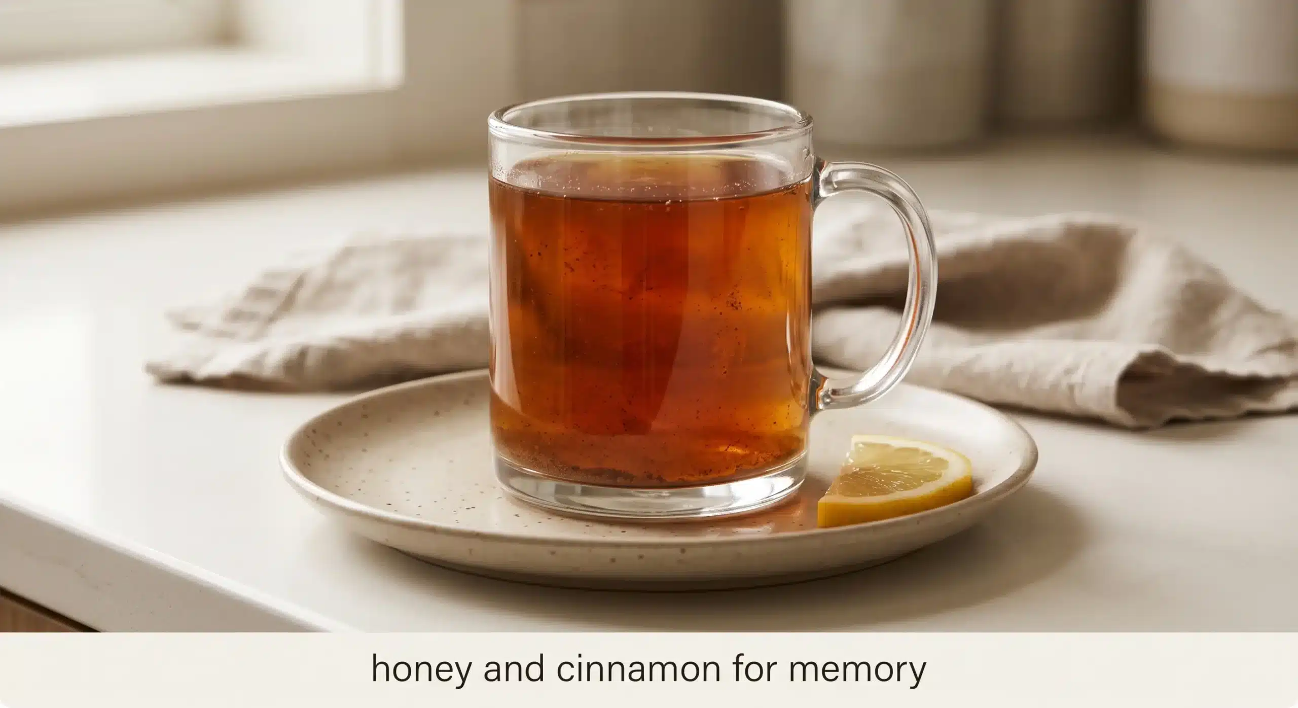  Finished honey and cinnamon for memory drink with lemon slice.