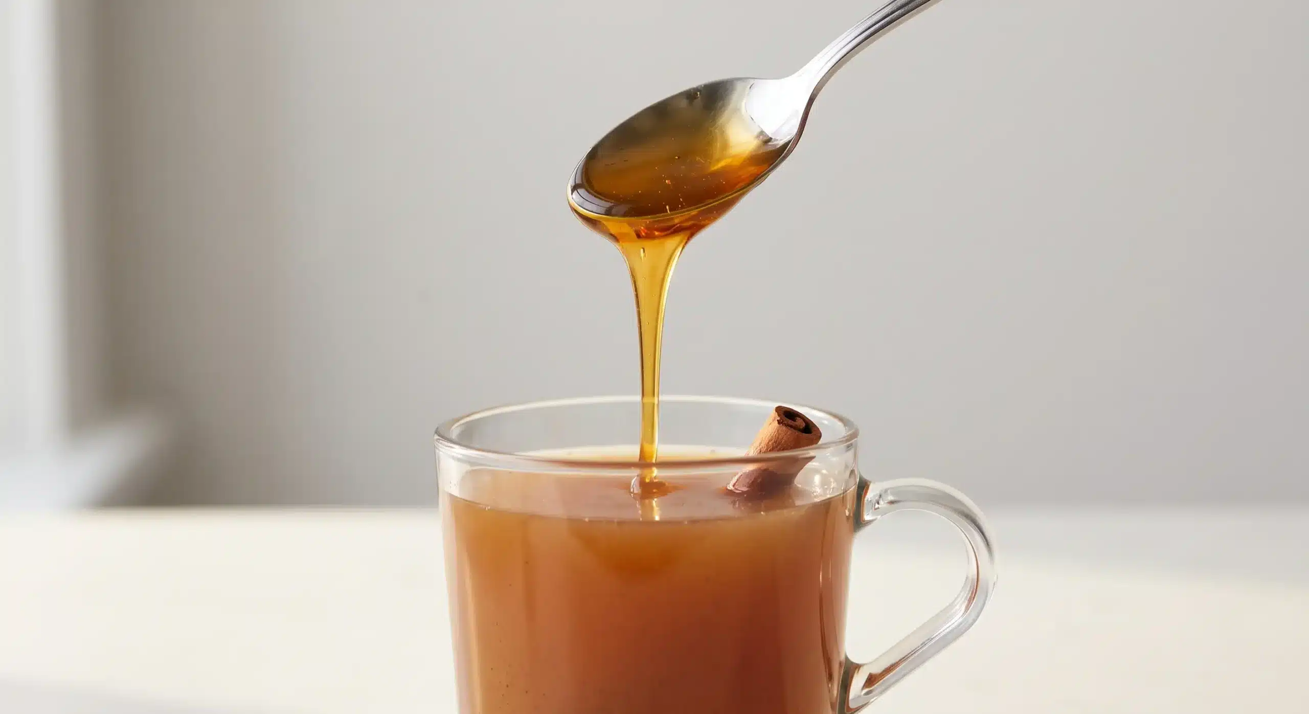 Spoon of honey above cinnamon drink for memory.