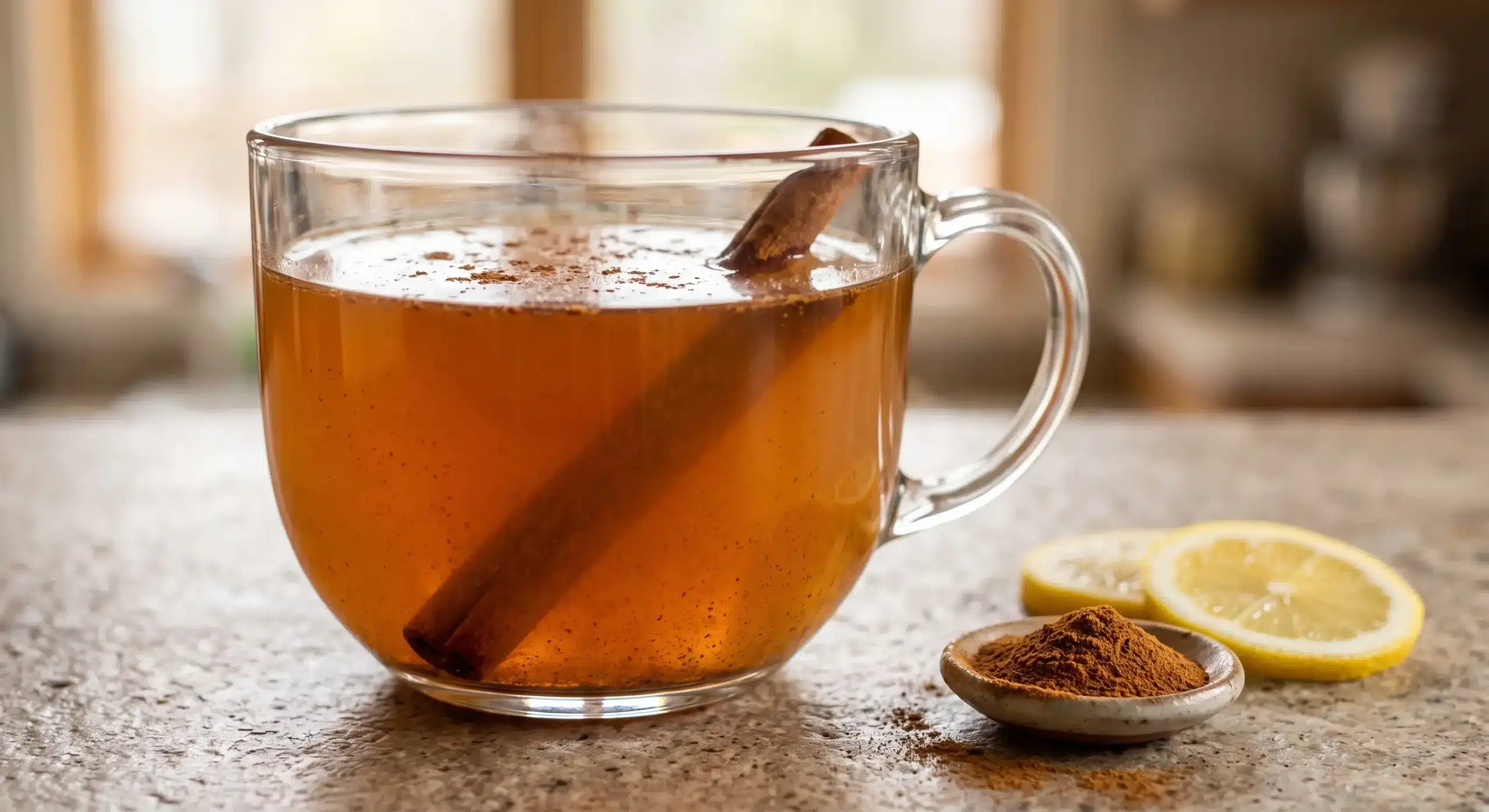 Cozy close up honey and cinnamon for memory drink with cinnamon and lemon.