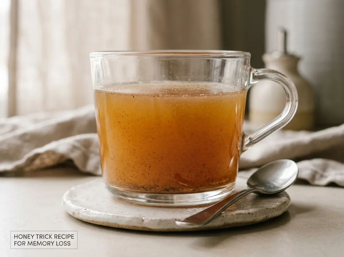 honey-trick-recipe-for-memory-loss-02 Close up side view of the honey trick recipe for memory loss drink in a glass mug.