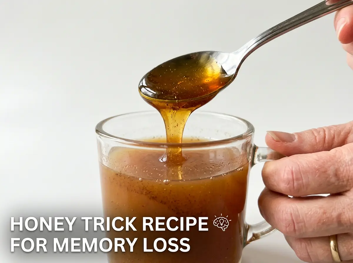honey-trick-recipe-for-memory-loss-06 Spoon of honey above a cinnamon drink for the honey trick recipe for memory loss.