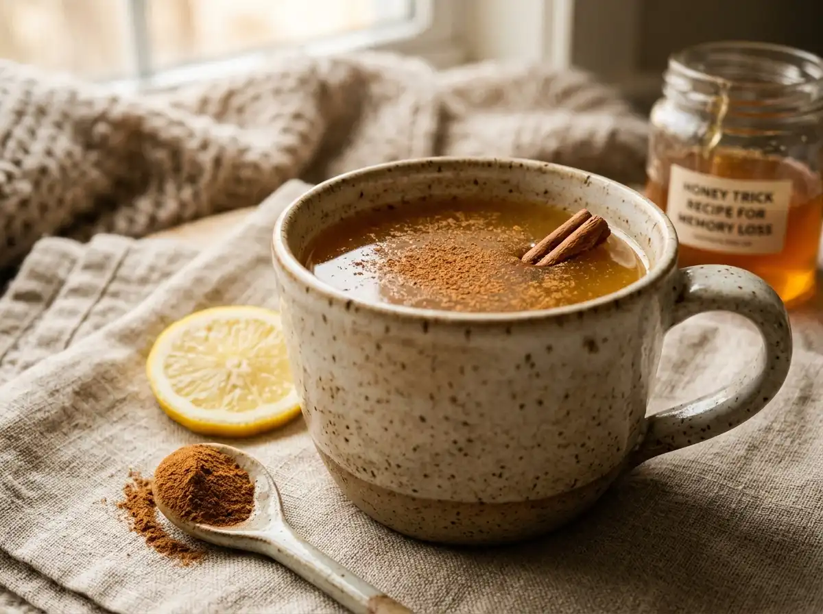 honey-trick-recipe-for-memory-loss-07 Cozy close up honey trick recipe for memory loss drink with cinnamon and lemon.