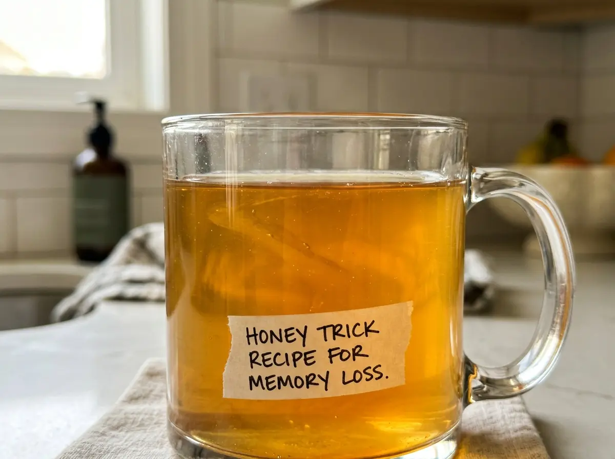 honey-trick-recipe-for-memory-loss-08 Realistic close up glass mug of honey trick recipe for memory loss on a table.