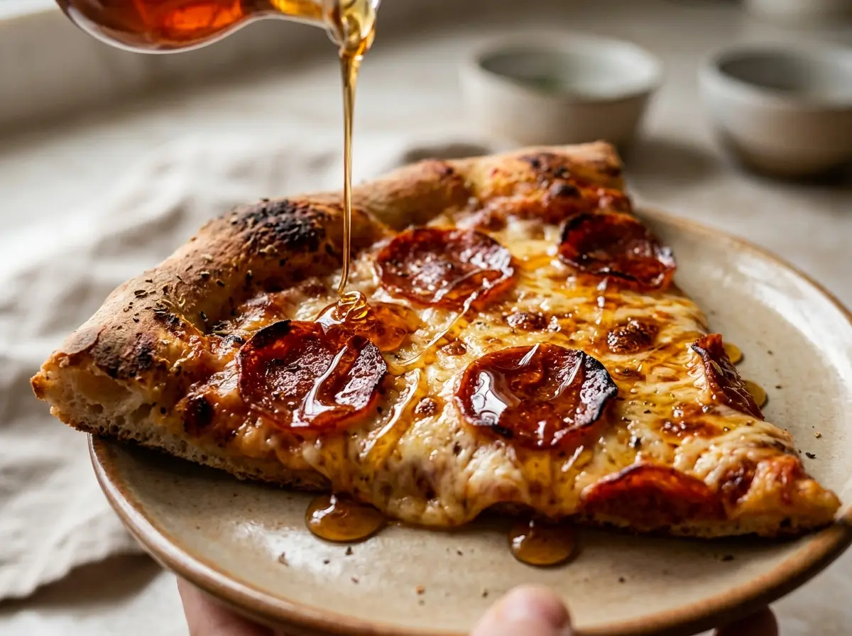 Close up hot honey recipe for pizza on pepperoni slice.