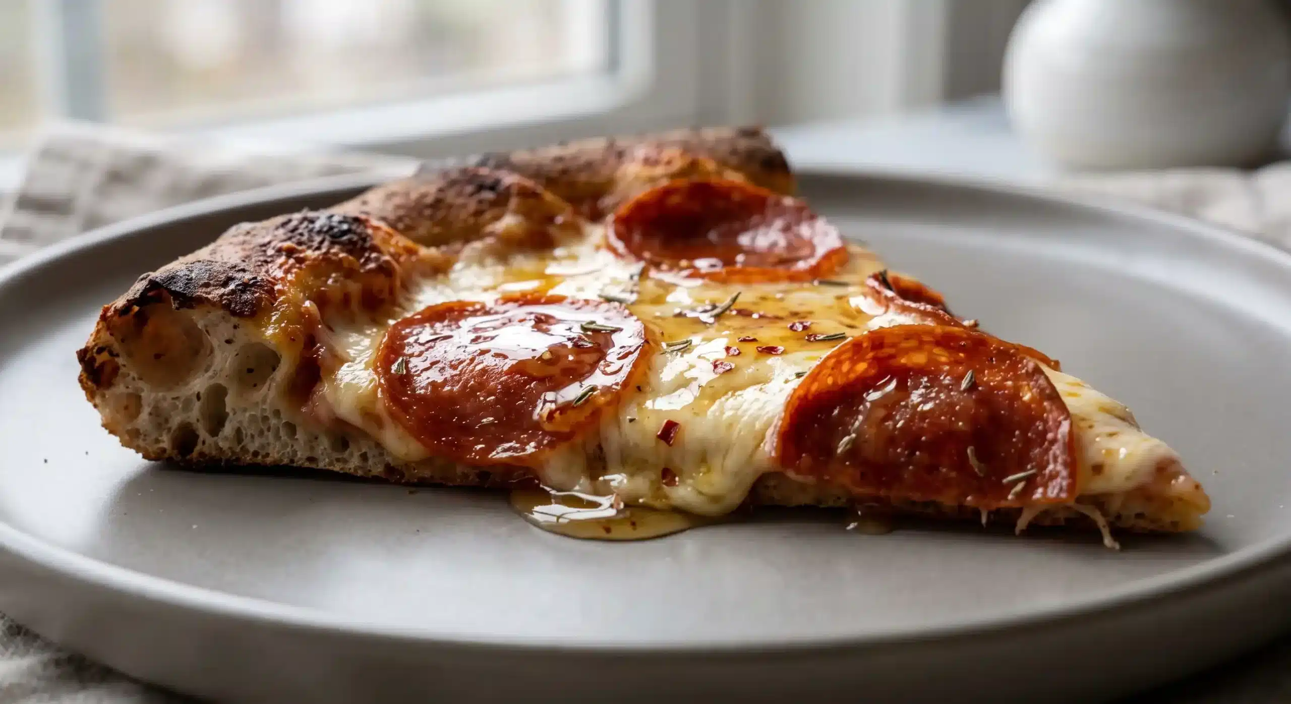 hot-honey-recipe-for-pizza-02 Side view close up of hot honey recipe for pizza slice.