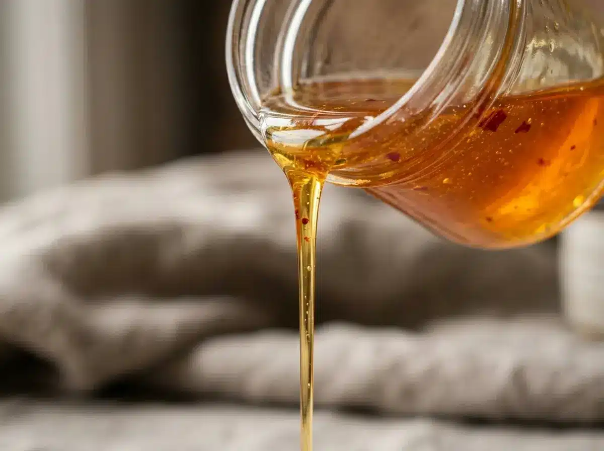hot-honey-recipe-for-pizza-03 Hot honey being poured for pizza drizzle.