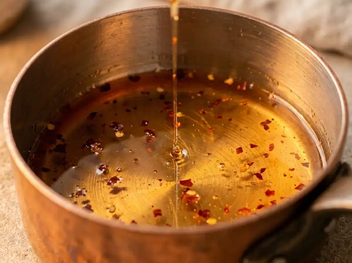hot-honey-recipe-for-pizza-04 Honey and red pepper flakes warming for pizza drizzle.