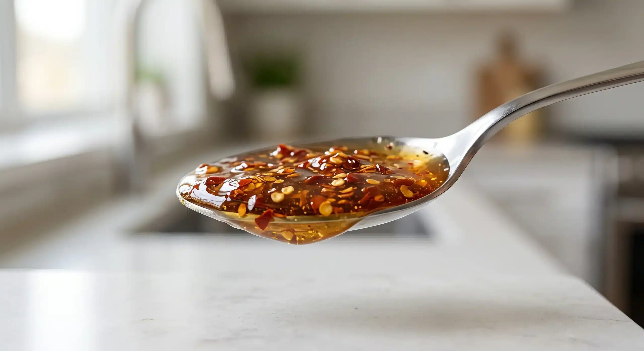 hot-honey-recipe-for-pizza-05 Close up of hot honey mixture for pizza.