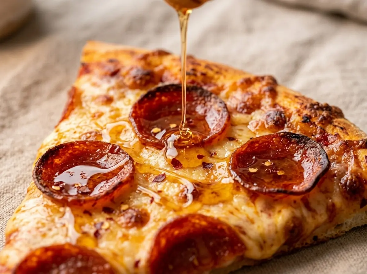 hot-honey-recipe-for-pizza-06 Hot honey drizzled over pizza slice after baking.