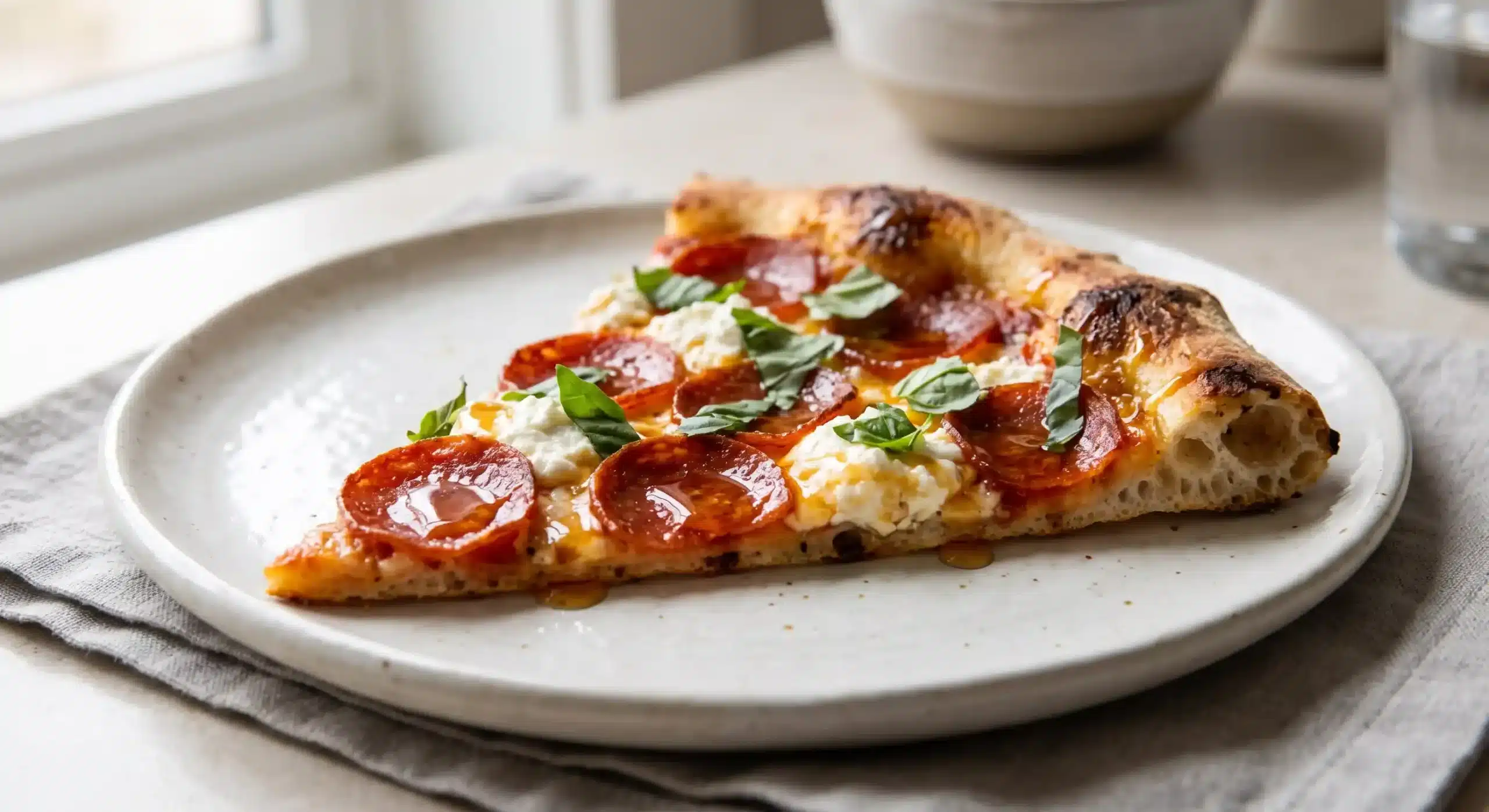 hot-honey-recipe-for-pizza-07 Pepperoni pizza with hot honey, ricotta, and basil.
