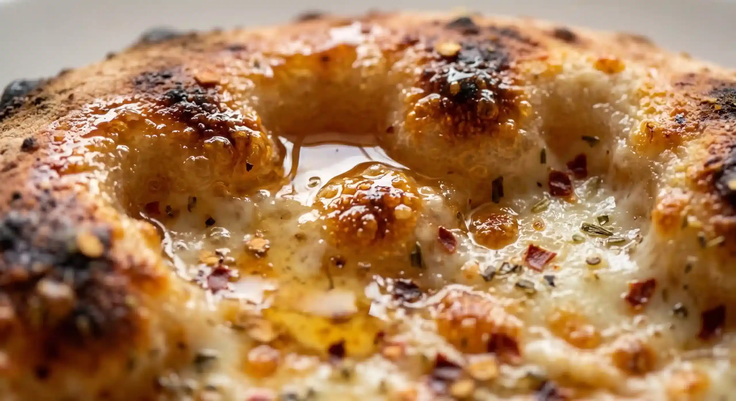 hot-honey-recipe-for-pizza-09 Macro detail of hot honey on pizza crust.