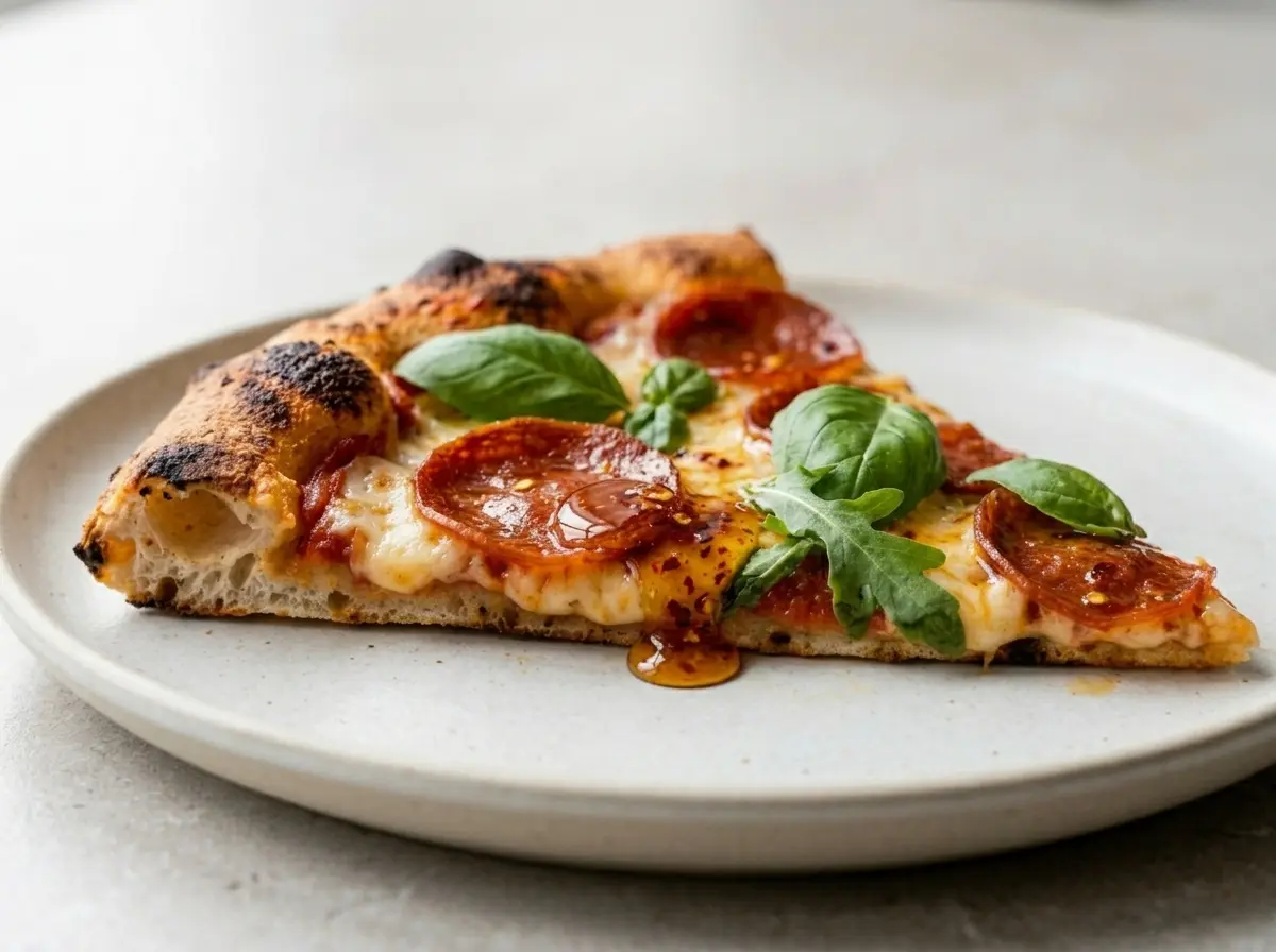 hot-honey-recipe-for-pizza-10 Final plated hot honey pizza slice.