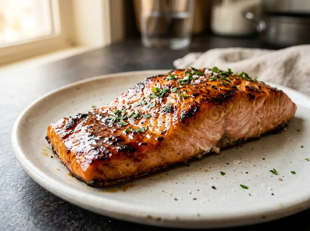 Close up honey glazed salmon for salmon honey recipe oven.