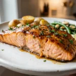 Salmon Honey Recipe Oven 2 Side view close up of salmon honey recipe oven dinner.