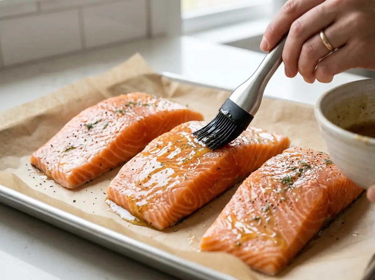 salmon-honey-recipe-oven-04 Salmon being brushed with honey glaze before baking.