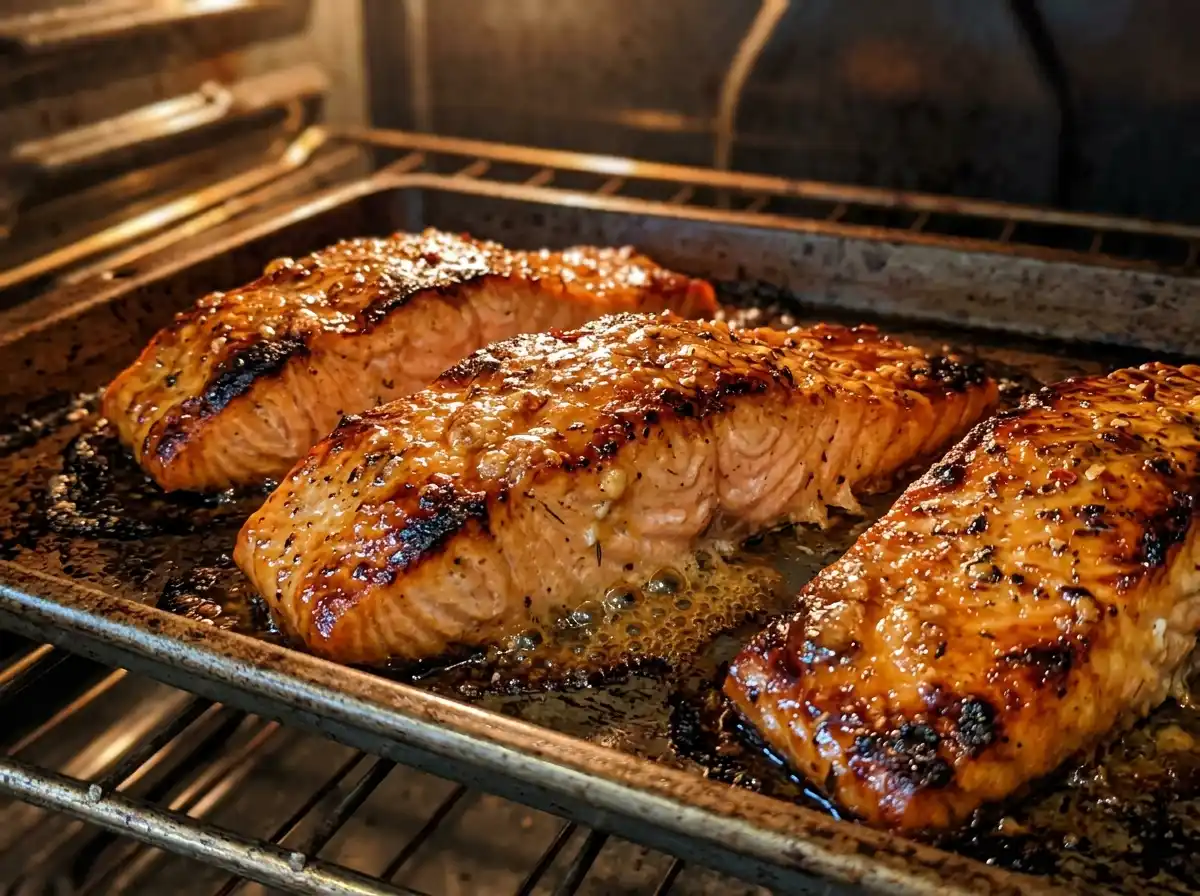 salmon-honey-recipe-oven-05 Honey glazed salmon baking in the oven.
