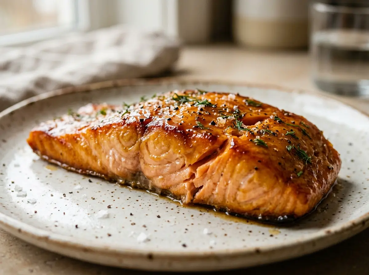 salmon-honey-recipe-oven-06 Finished baked salmon with golden honey glaze.