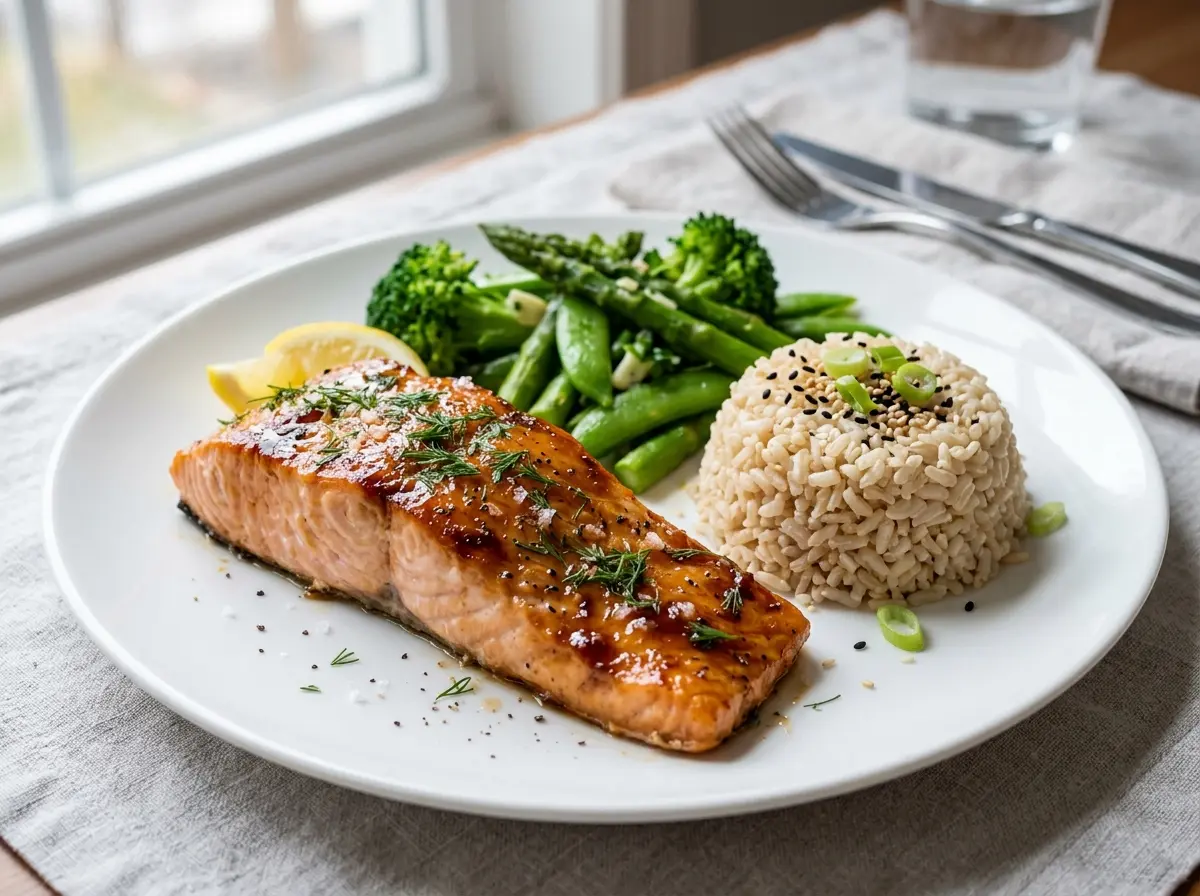 salmon-honey-recipe-oven-07 Salmon dinner served with vegetables for diabetics.