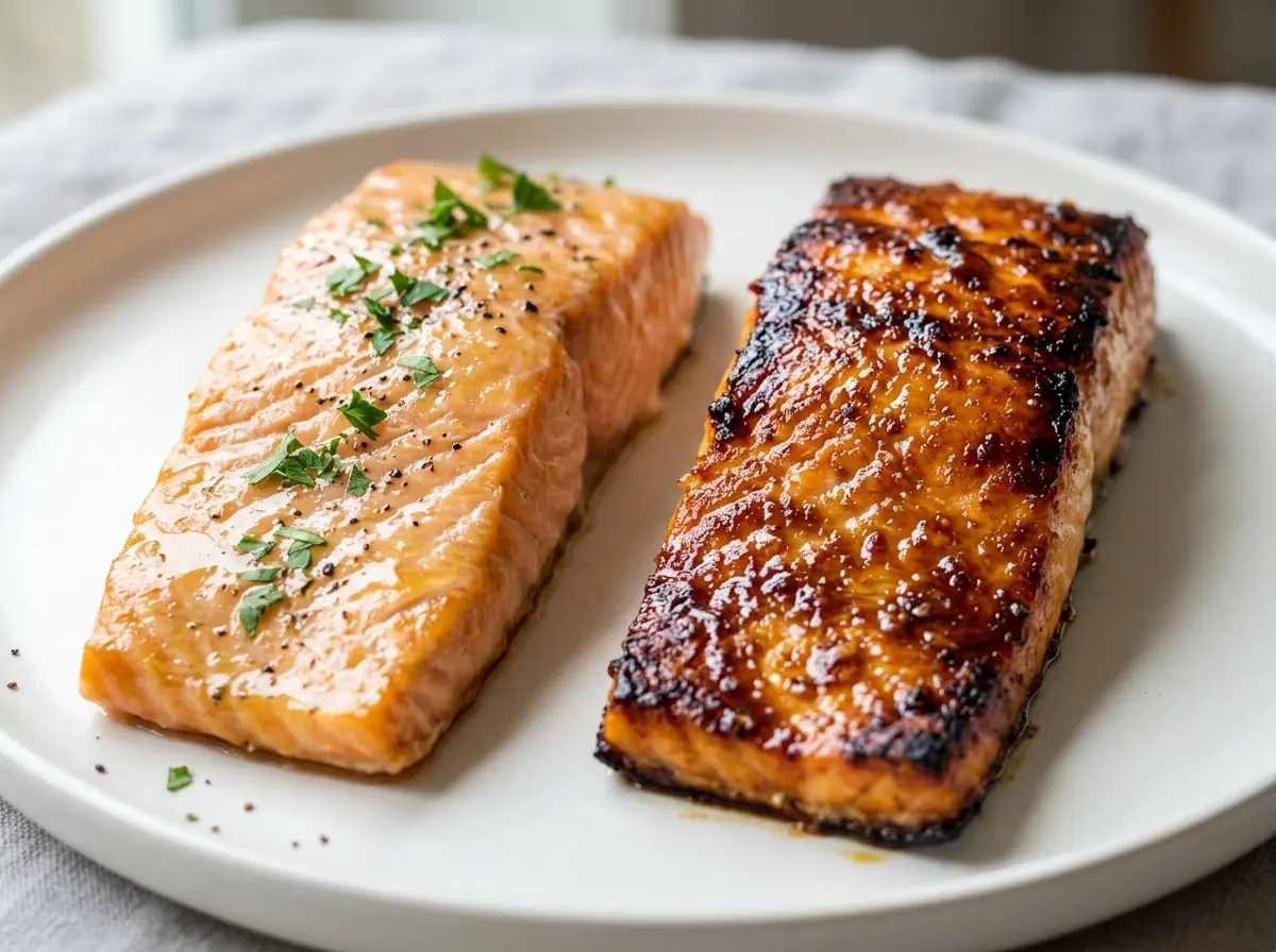 salmon-honey-recipe-oven-08 Two honey glazed salmon styles showing oven temperature differences.