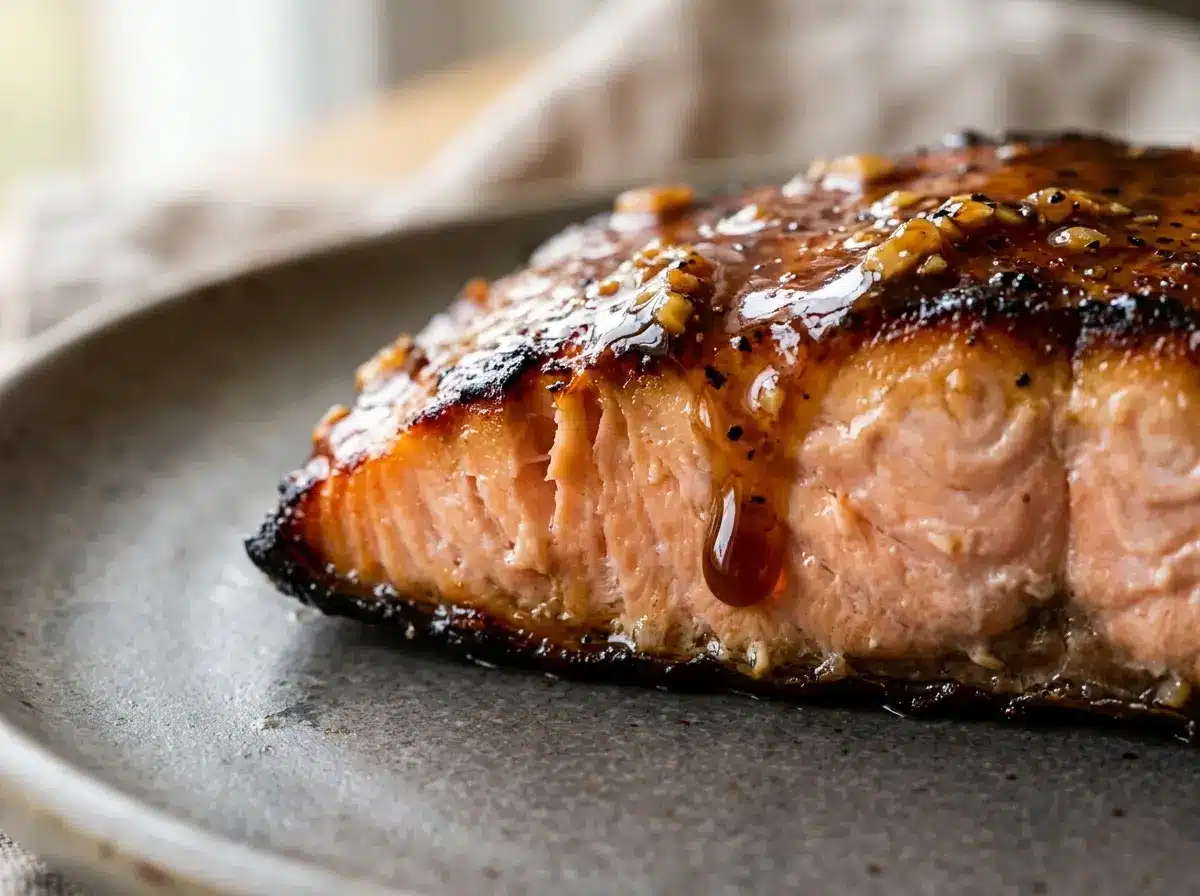 salmon-honey-recipe-oven-09 Close up honey soy garlic glaze on salmon.