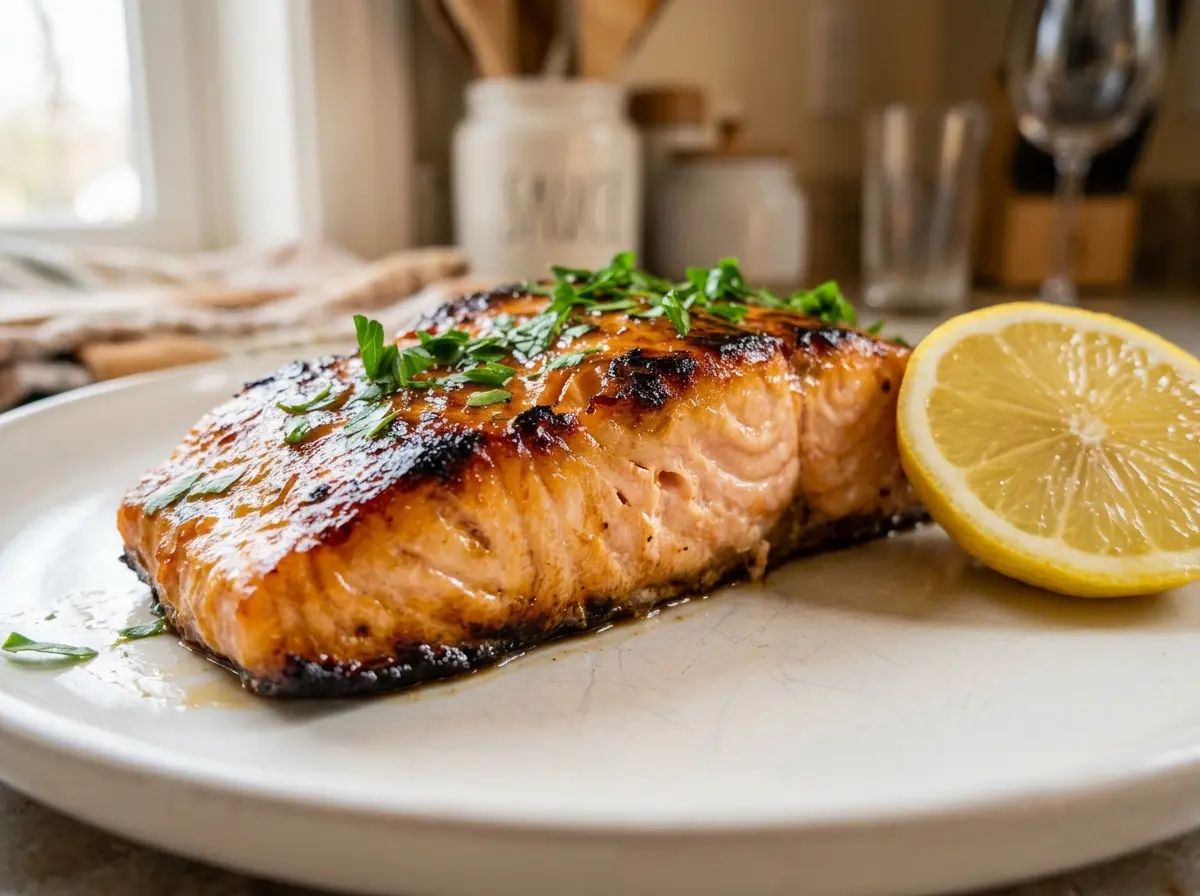 salmon-honey-recipe-oven-10 Final plated salmon honey recipe oven dinner.