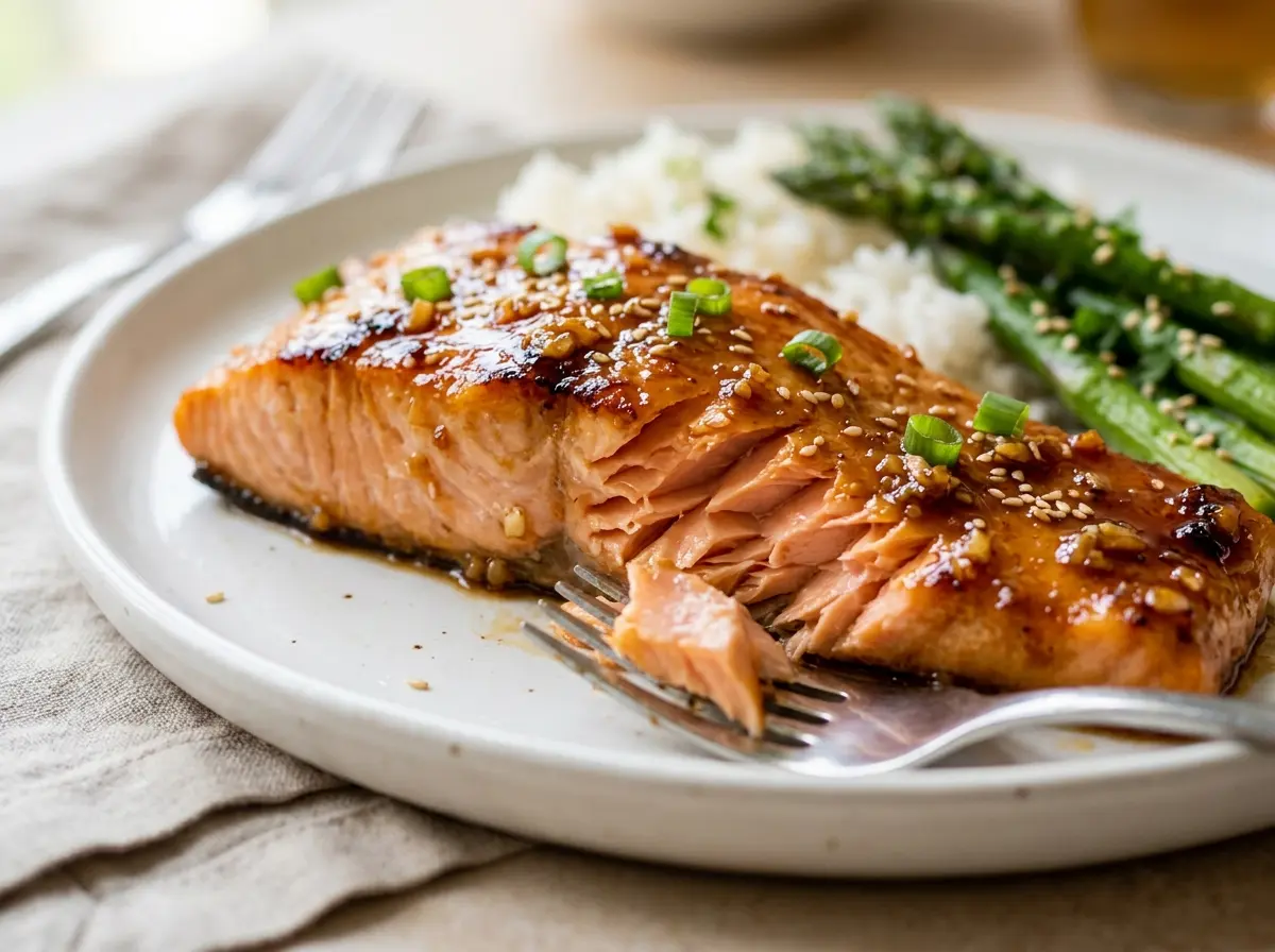 honey garlic salmon with glossy glaze on a white plate