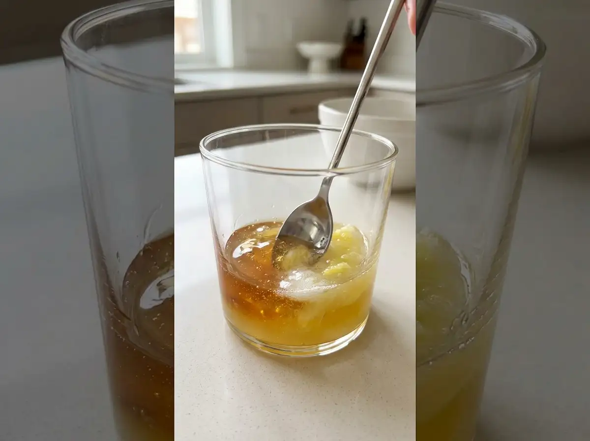 Close-up honey trick for men recipe in a glass with lemon and baking soda