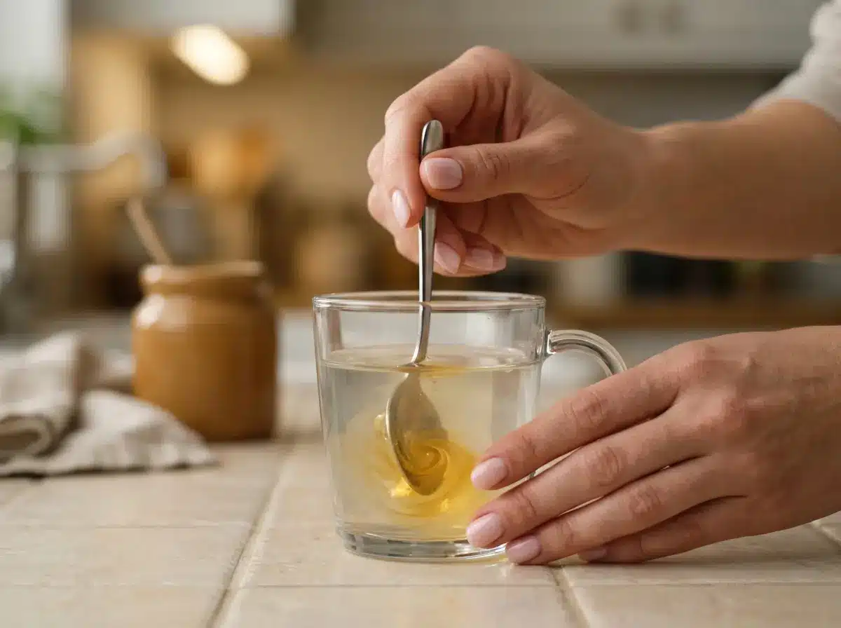 Hands stirring honey trick for men recipe in warm water close up