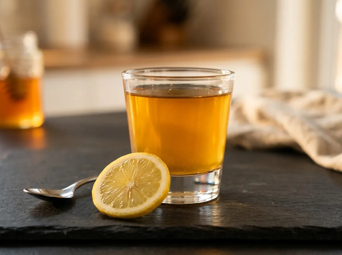 Finished honey trick for men recipe served in a small glass close up