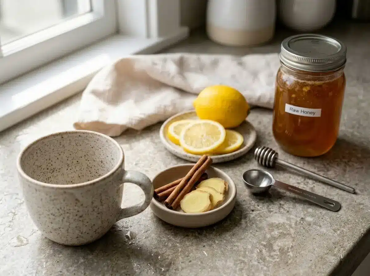 asian-honey-protocol-recipe-faq Asian honey protocol recipe mug beside honey and cinnamon in a close-up realistic scene
