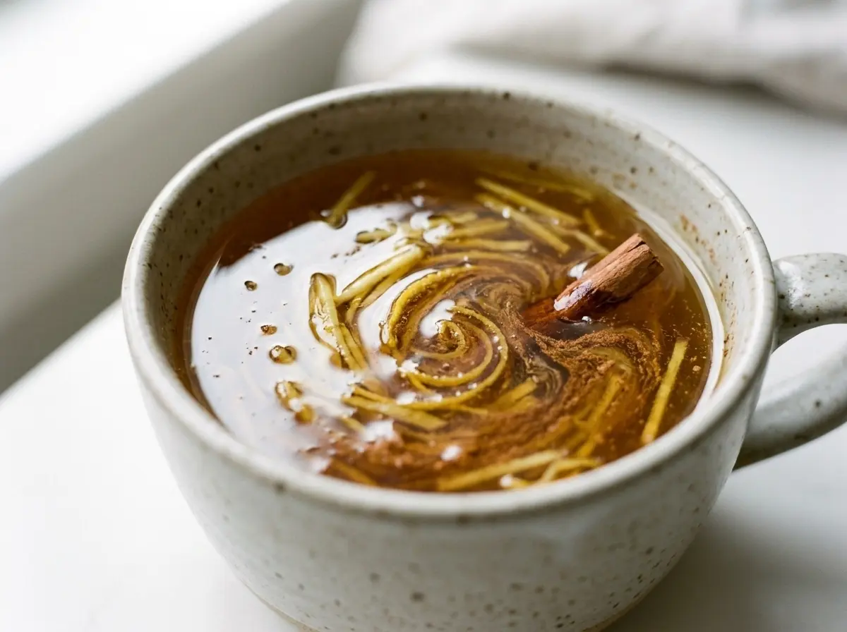 Asian honey protocol recipe in a warm mug with ginger, cinnamon, and lemon, zoomed in and realistic