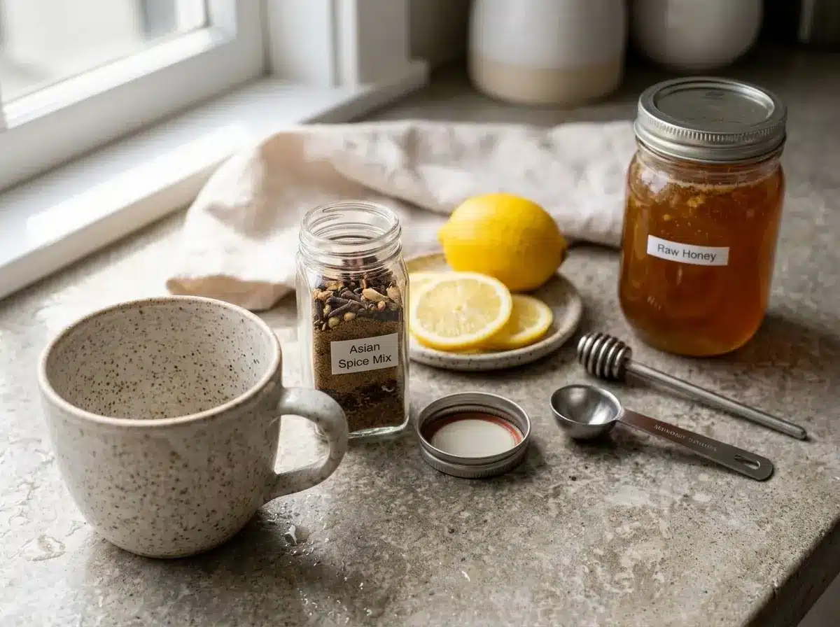 asian-honey-protocol-recipe-mealprep Meal prep setup for Asian honey protocol recipe with spice jar and honey, realistic